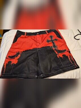Men's Red and Black Cross Graphic Cargo Shorts